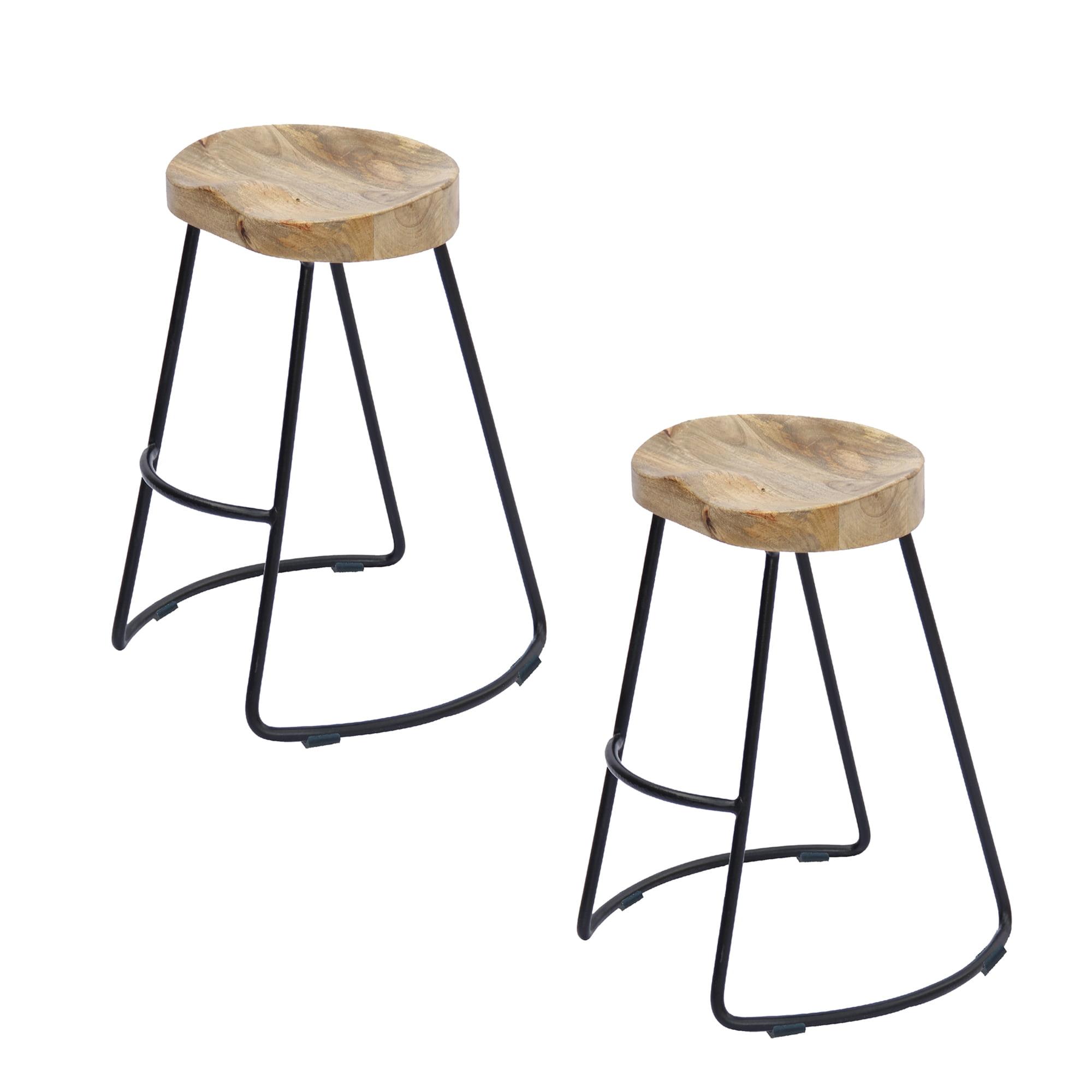 The Urban Port 24 Inch Mango Wood Industrial Counter Height Stool, Saddle Seat, Iron, Set of 2, Brown, Black