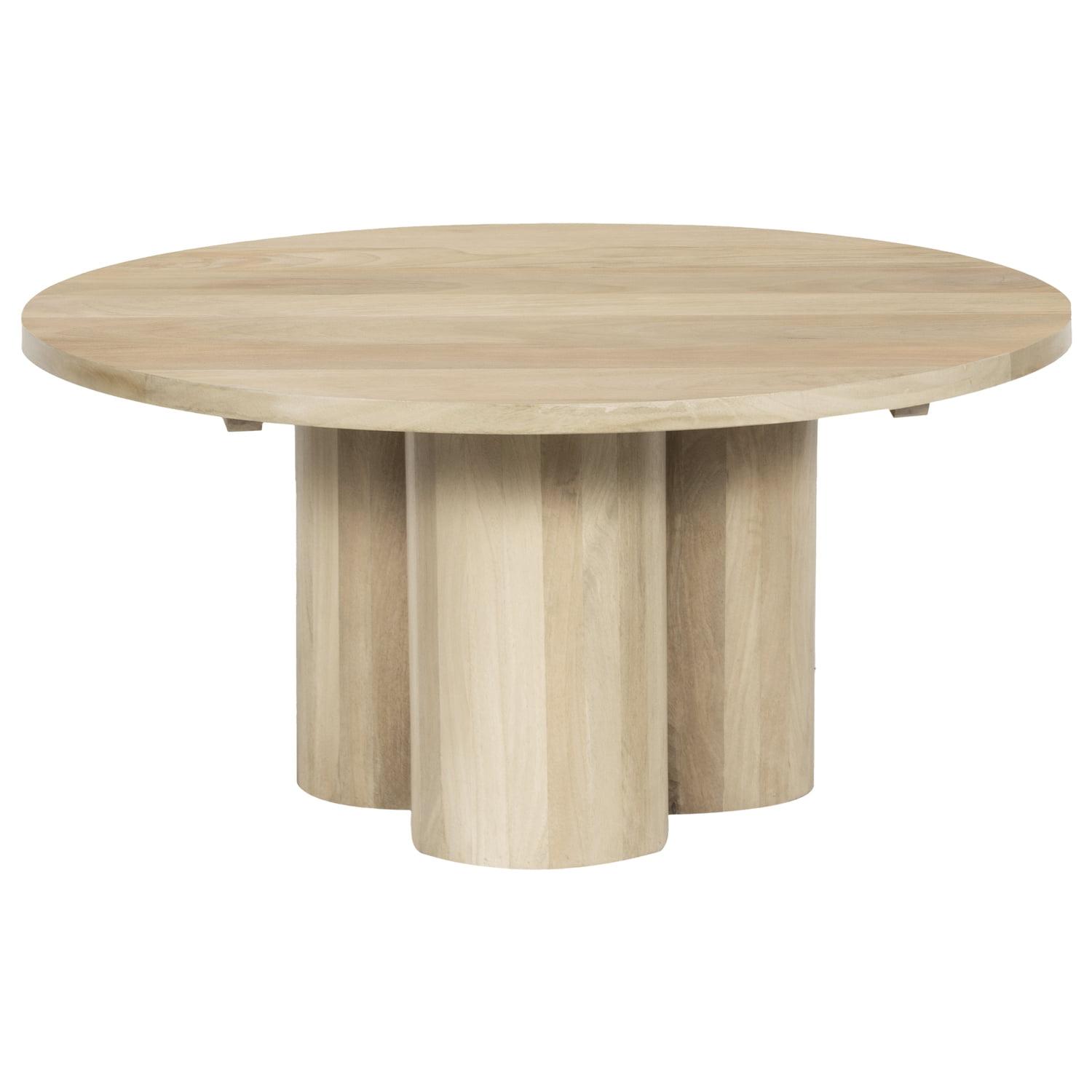 The Urban Port Hazel Coffee Table with 3 Pillar Legs, 35.5 Inch Round Top, Natural Brown Mango Wood