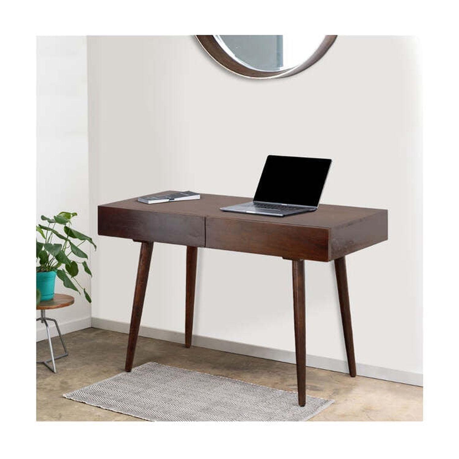 Mid-Century Mango Wood 44.9" Writing Desk with Tapered Legs, Brown