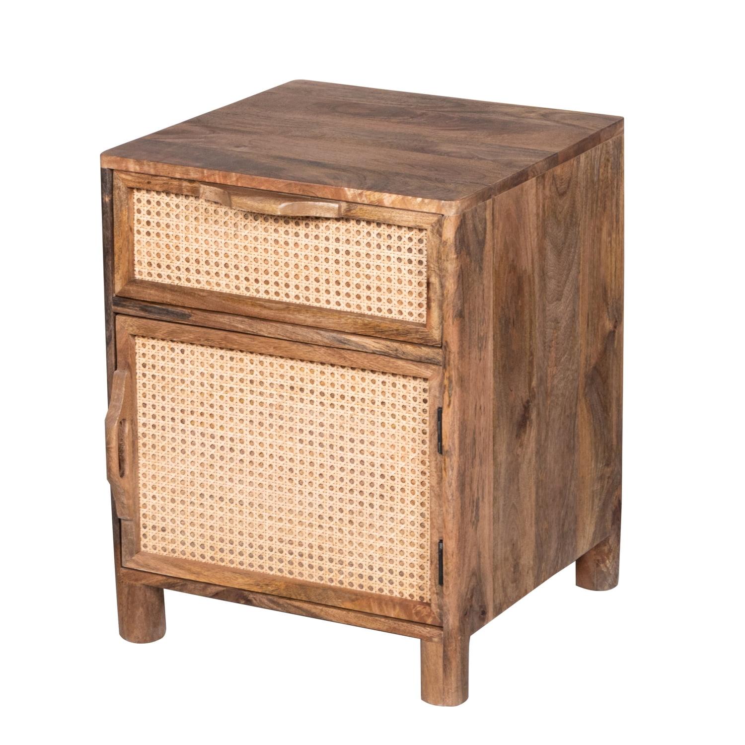 The Urban Port 23" Nightstand Woven Rattan Cabinet Door and Drawer Handcrafted Natural Brown Mango Wood Brown