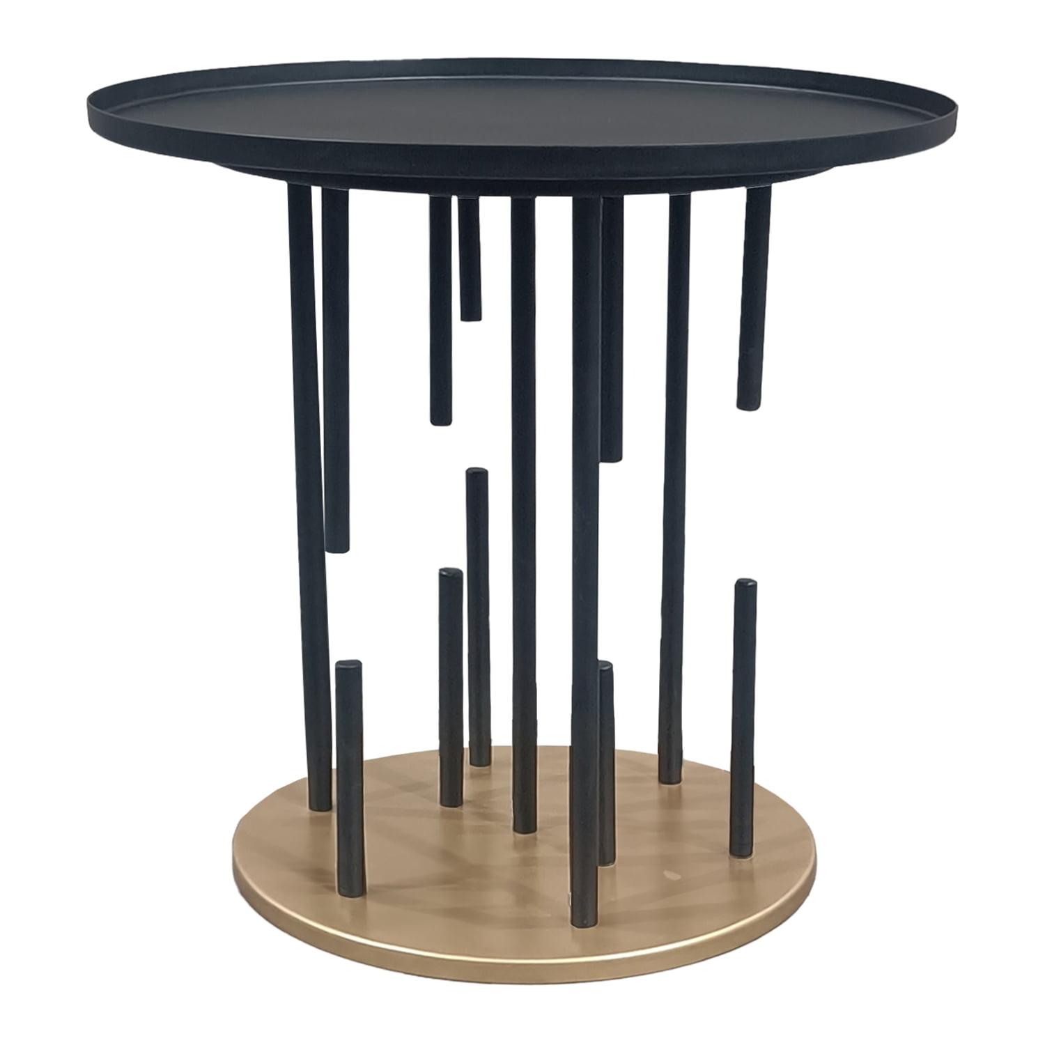 The Urban Port 20" Side End Table Round Matte Black Tray Top Modern Rod Supports with Brass Base Black/Brass