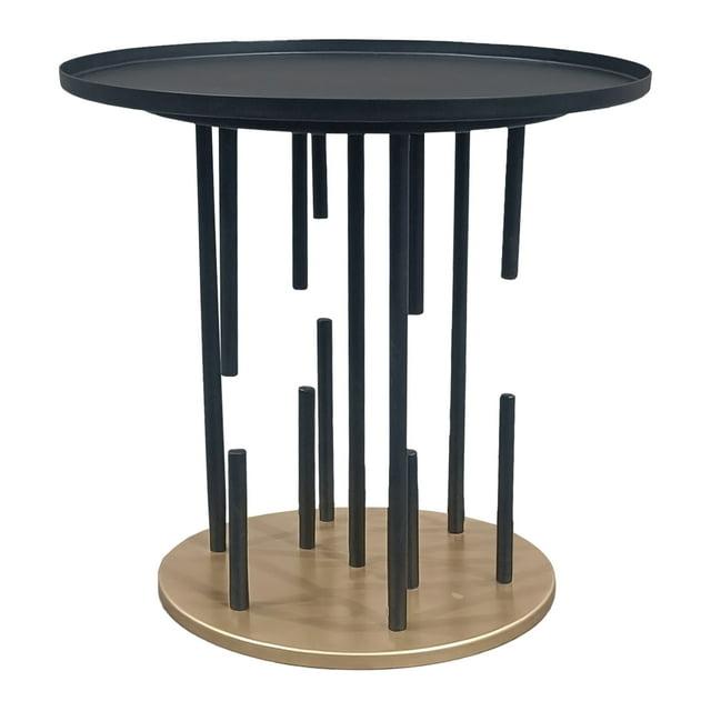 The Urban Port 20" Side End Table Round Matte Black Tray Top Modern Rod Supports with Brass Base Black/Brass