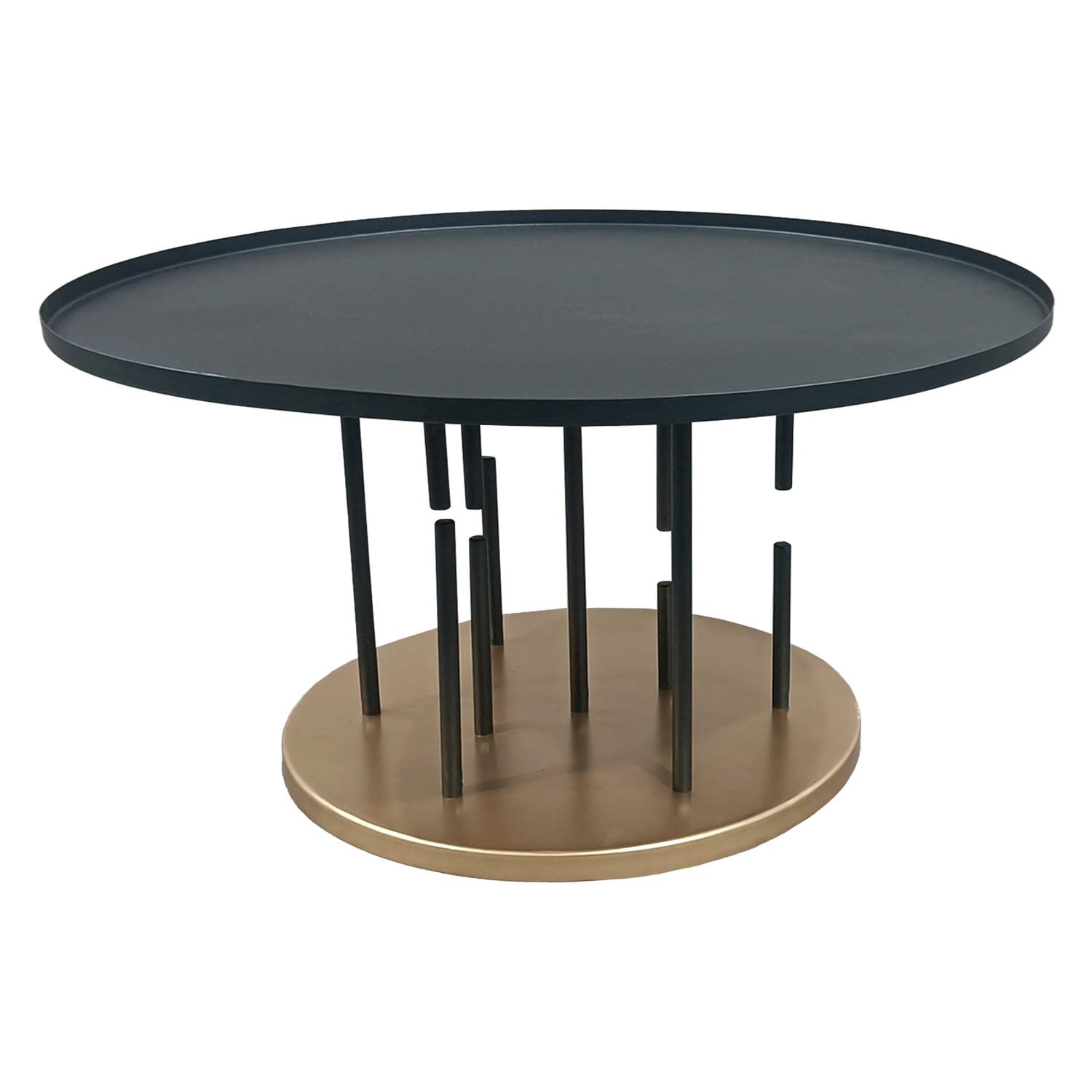 31" Round Matte Black and Brass Metal Coffee Table