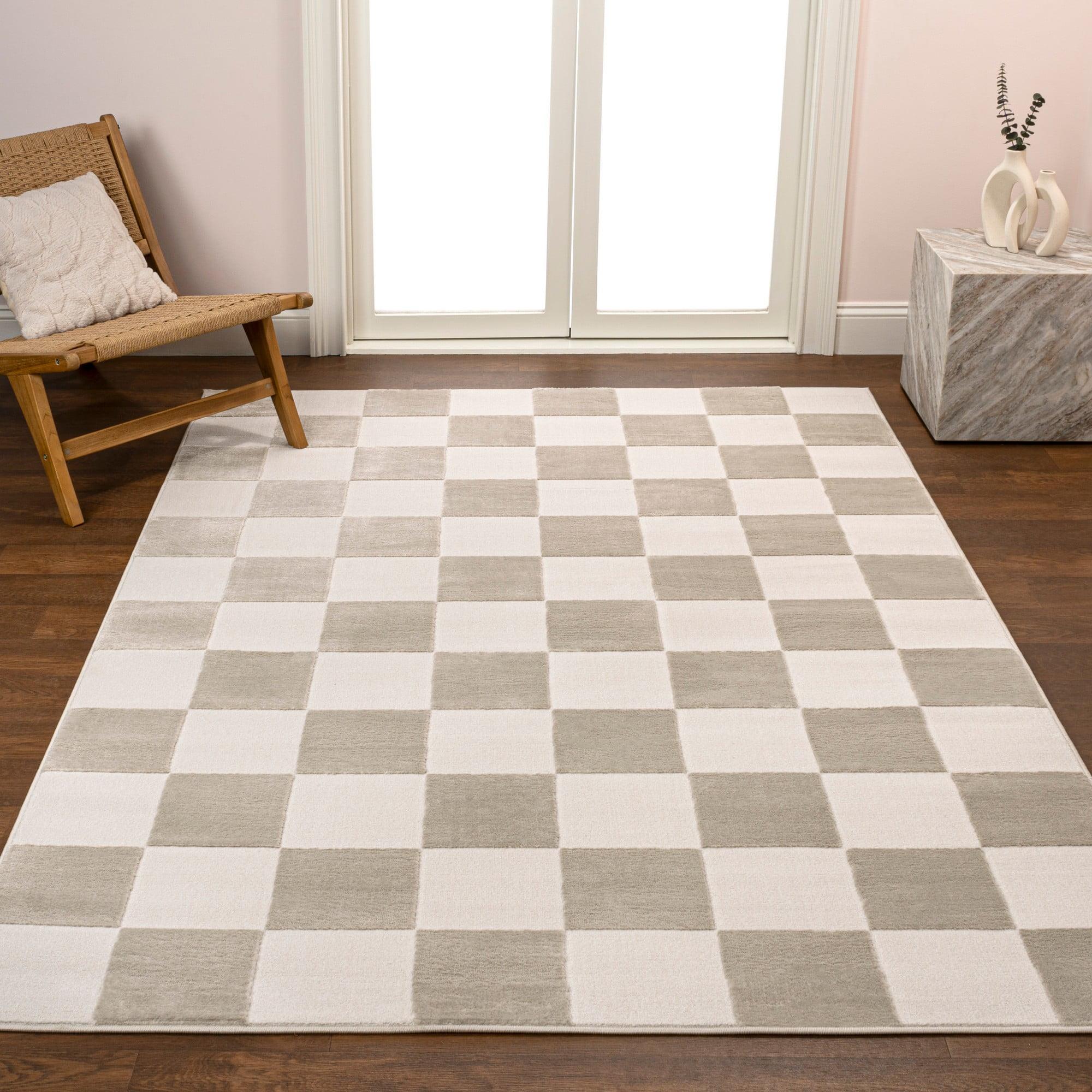 Beige and Cream Geometric Checkerboard 3 x 5 Area Rug