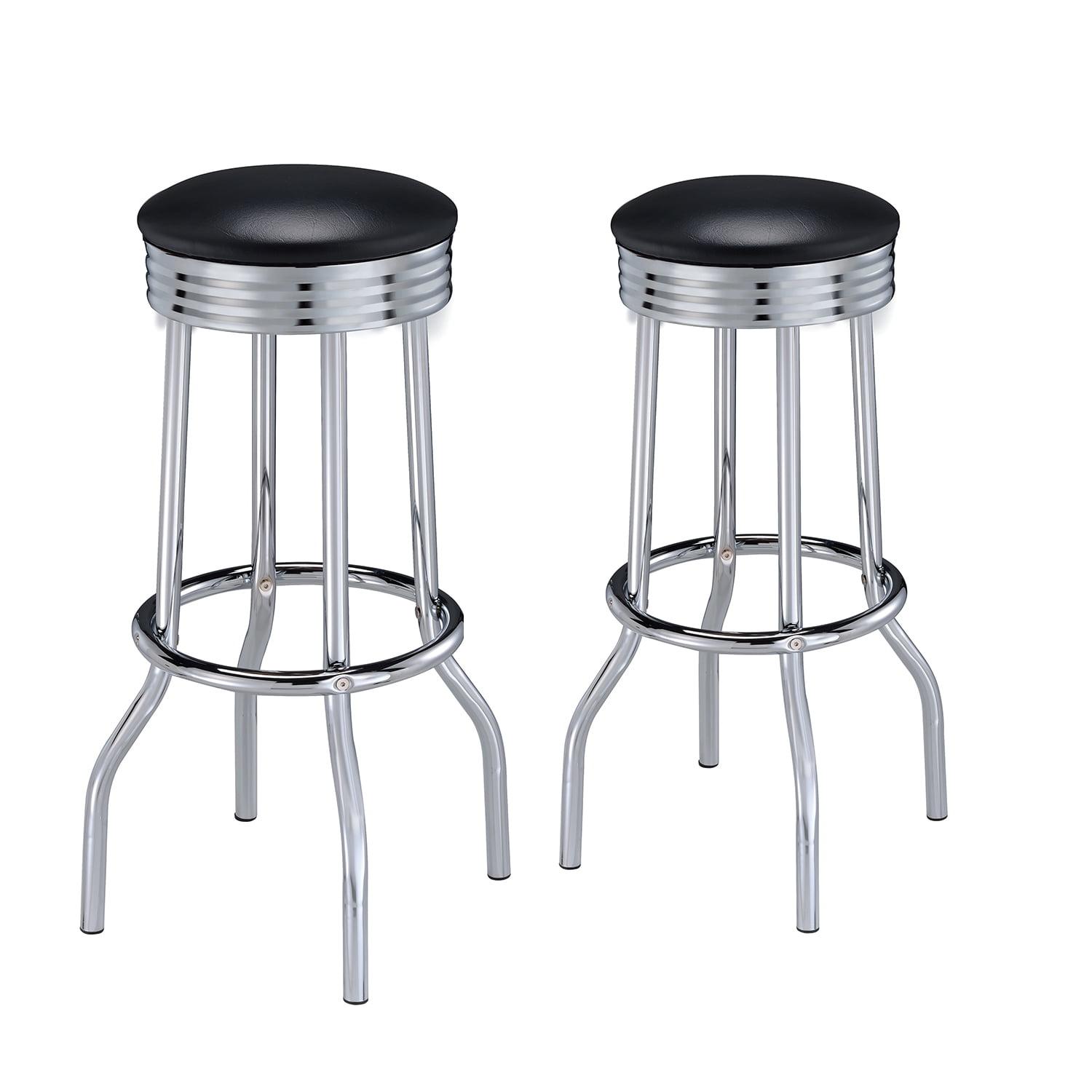 Transitional Swivel Saddle Bar Stool in Black Leather and Chrome