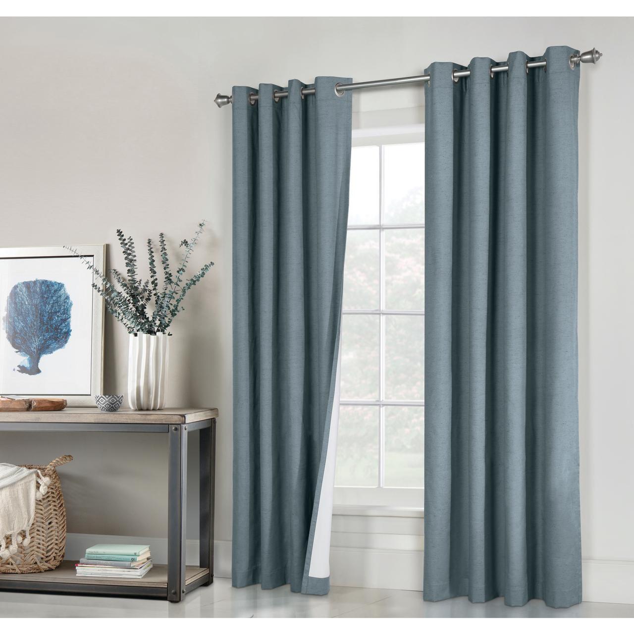 Blue 95" Blackout Grommet Curtain Panels with Linen Texture