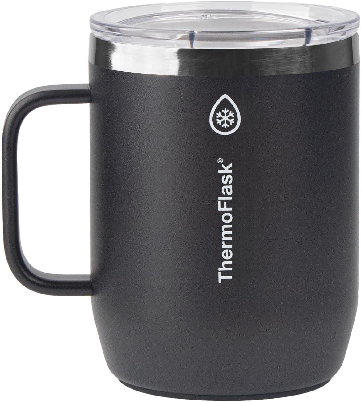 ThermoFlask Drinkware Collection - 12 oz Insulated Coffee Mug with Leakproof Push N Sip Lid, Jet Black