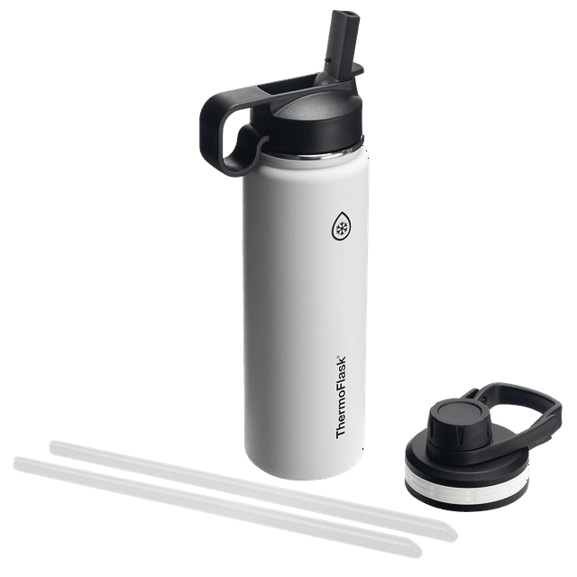 ThermoFlask 24oz Insulated Stainless Steel Bottle 2 in 1 Chug and Straw Lid White: Lifetime Warranty, Hand Wash, All Ages