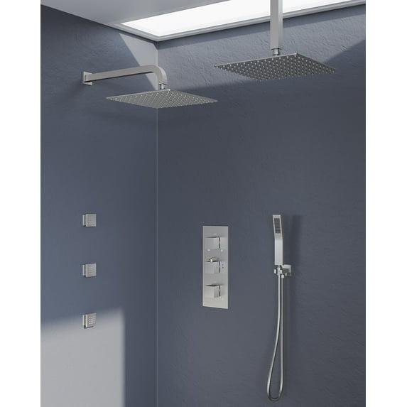 Thermostatic Dual Heads with 12" Rain Shower Faucet, Hand Shower and 3 Body Jets Matte Black