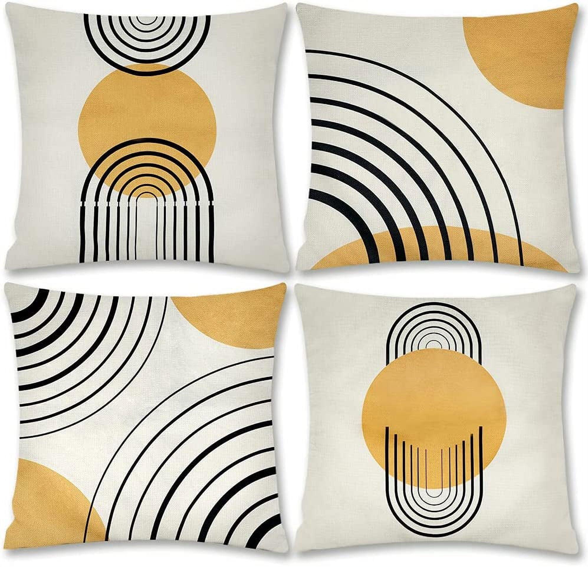 Set of 4 Yellow and Black Geometric Polyester Throw Pillows