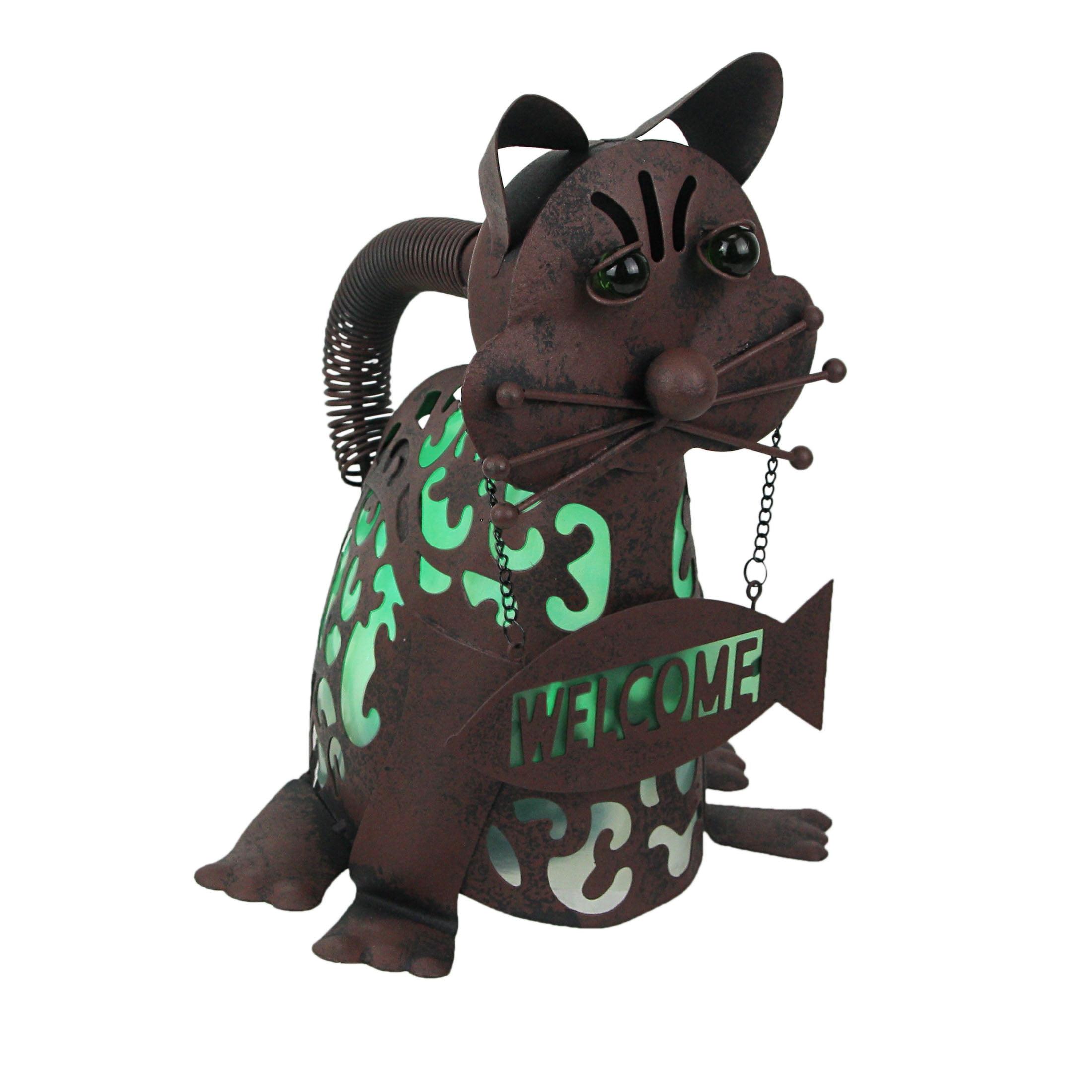 Matte Brown Metal Cat with Green LED Solar Light