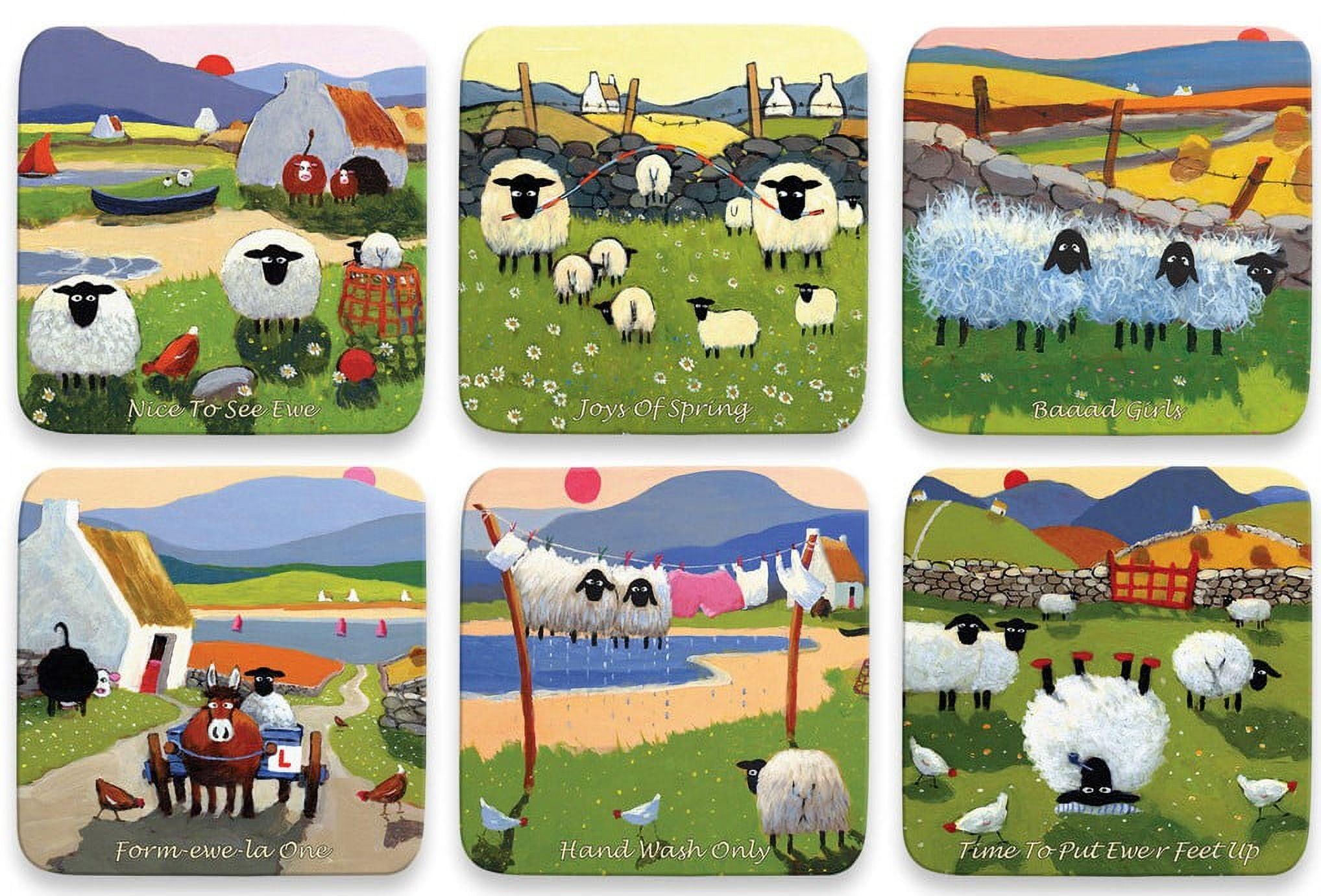 Thomas Joseph Set of 6 Coasters Cork Backed Irish Sheep Design, Gift Boxed (Set nr. 2)