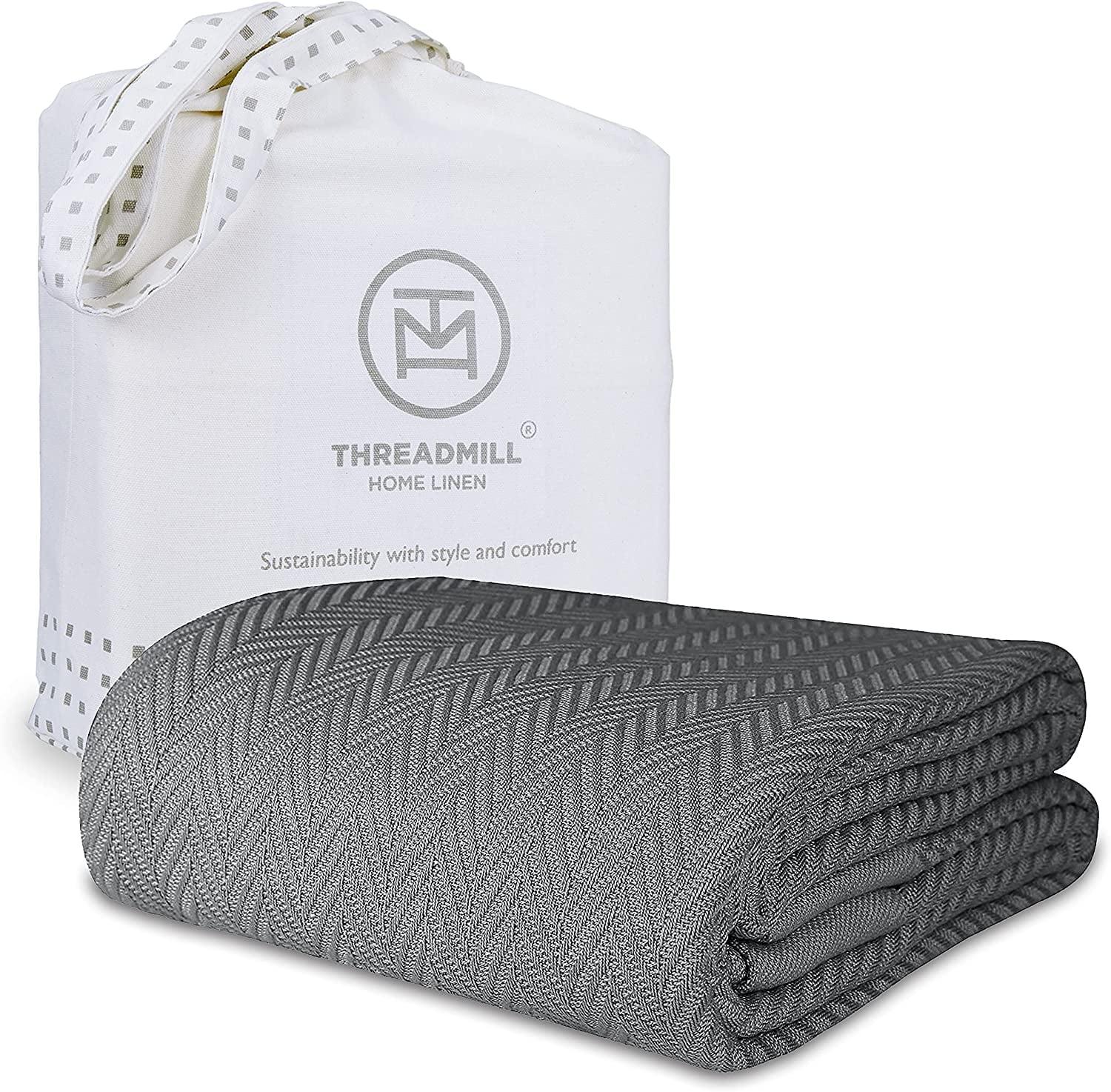 Threadmill Home Linen Cotton Thermal Blanket, Twin Size Bed, Herringbone, 350GSM, 68x92, Dark Grey