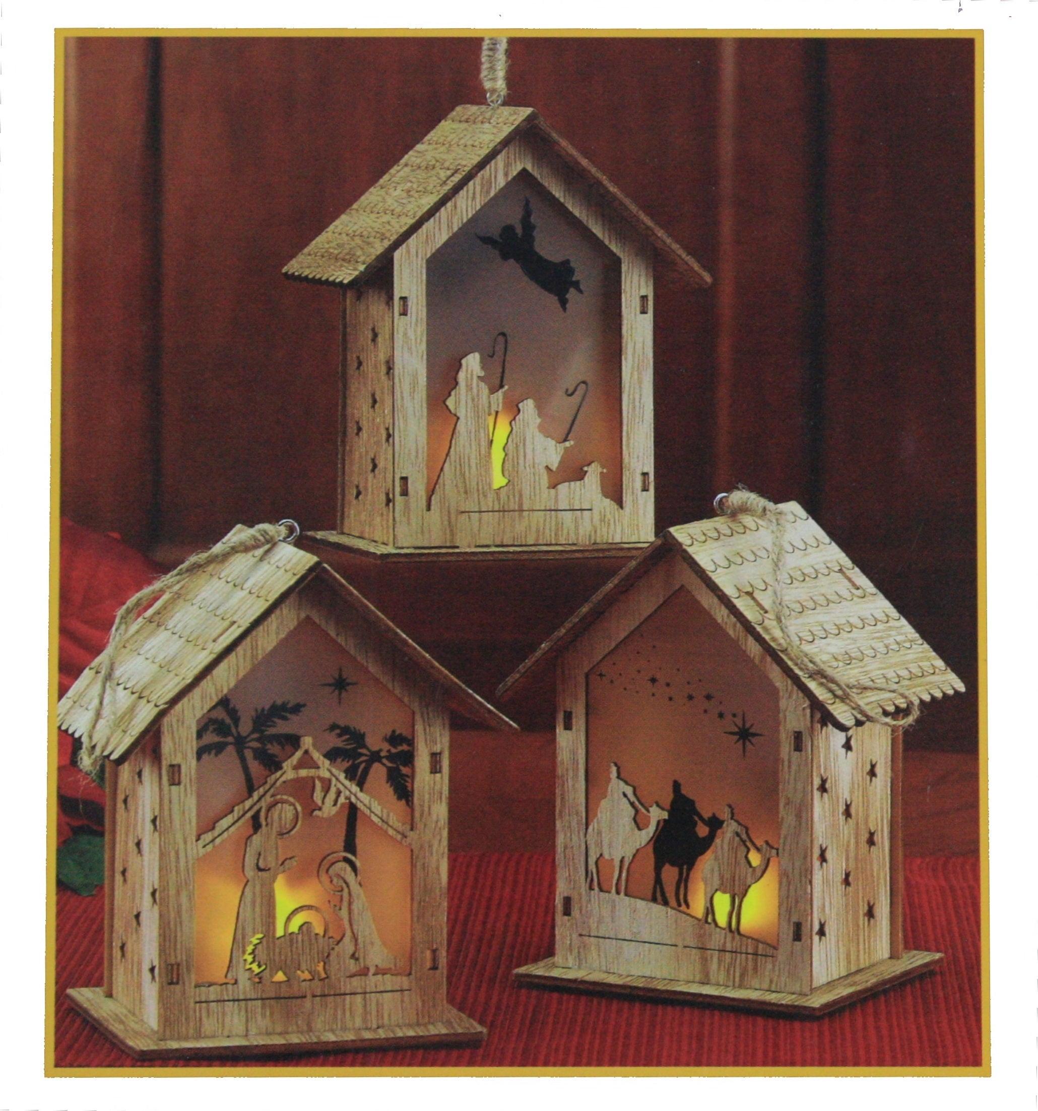 Wooden Nativity Scene Lantern Ornaments with LED Lights, 3-Piece Set