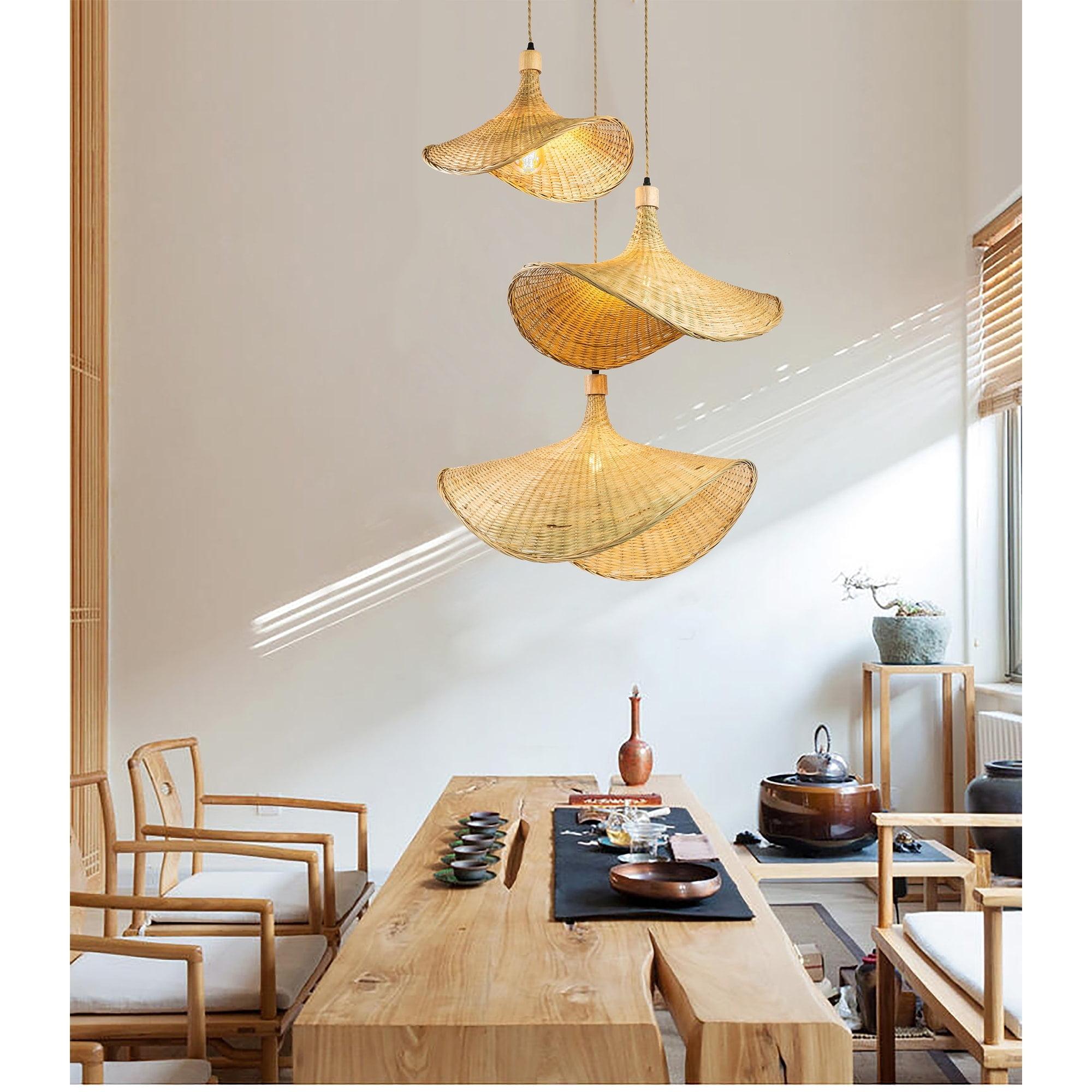 Island-Vibe Triple Hat-Shaped Rattan Pendant Light - Tan