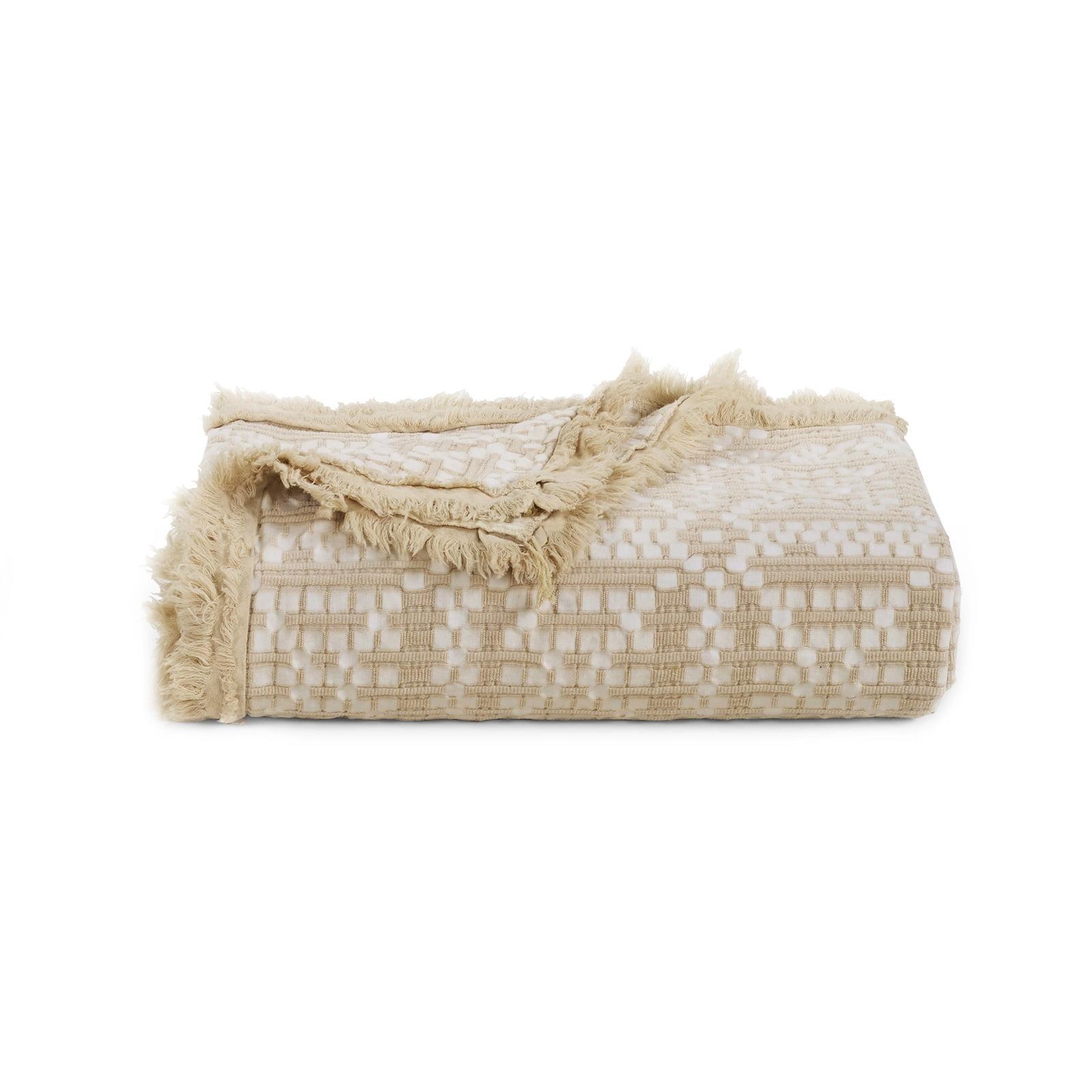 Oatmeal Cotton Jacquard Grid Oversized Throw Blanket