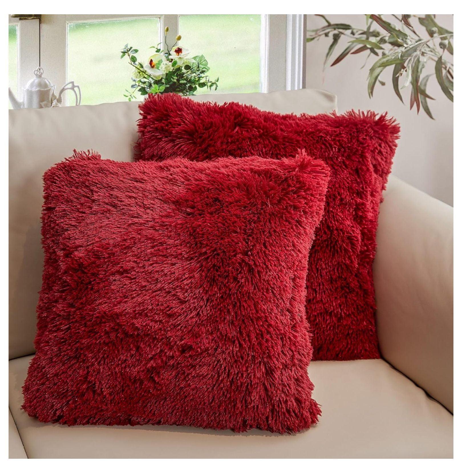 Maroon 18" x 18" Shaggy Faux Fur Throw Pillows Set