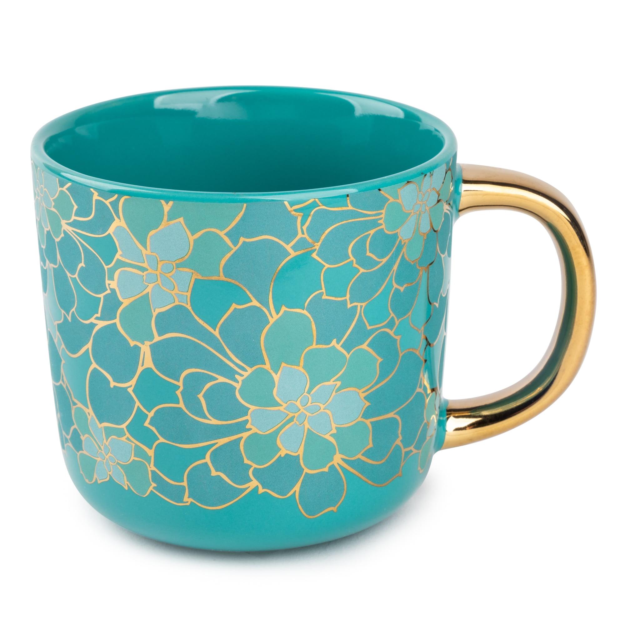 Teal and Gold Floral Ceramic Coffee Mug, 16 fl oz