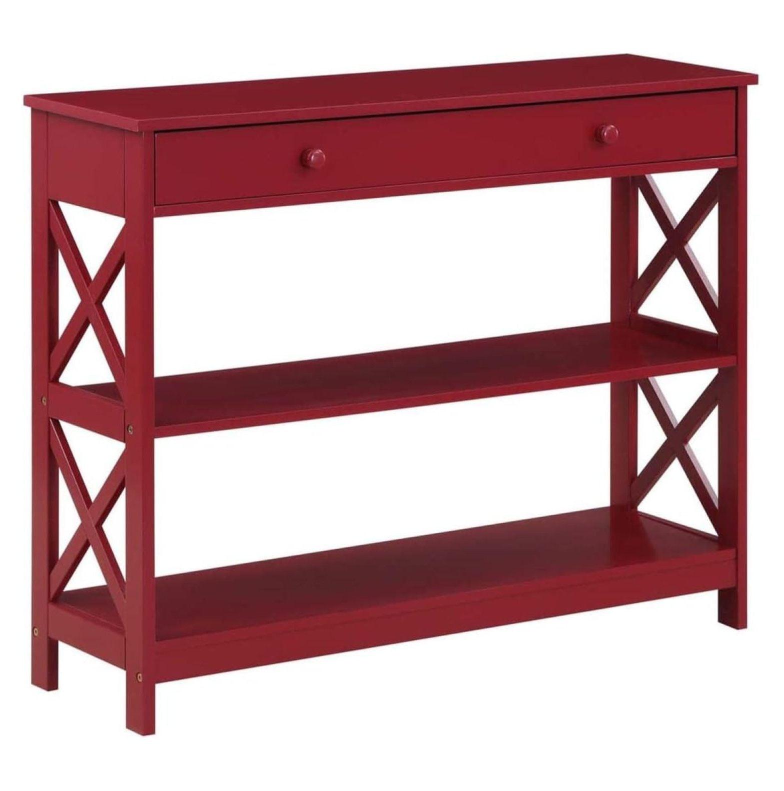 Oxford One-Drawer Console Table with Shelves in Cranberry Red Wood Finish