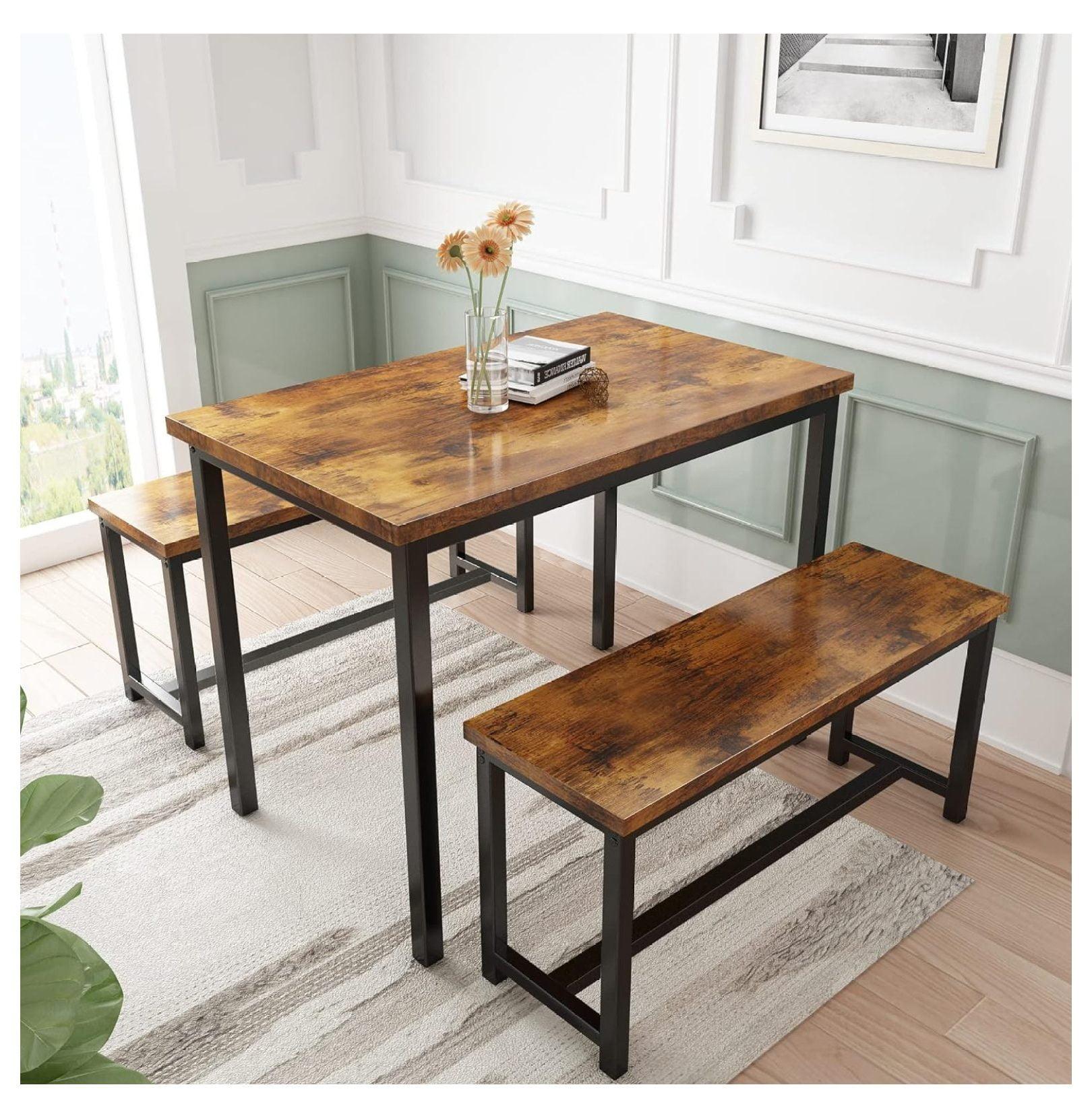 Rustic Brown and Black Industrial Dining Table Set with Benches