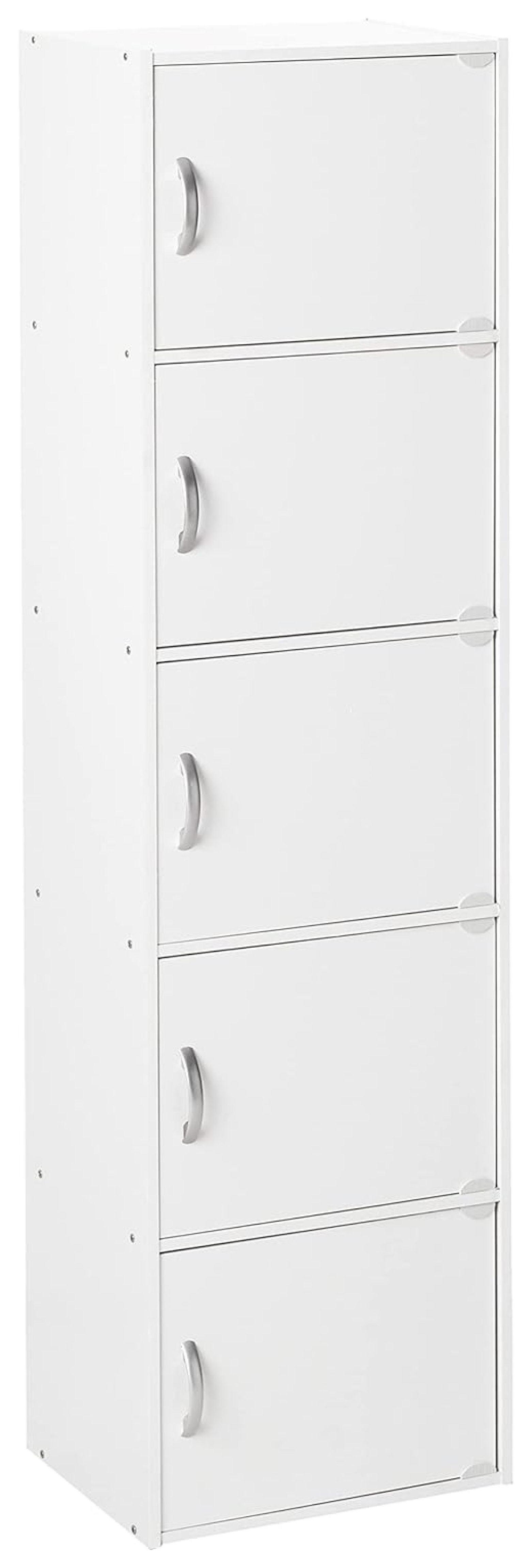 Hodedah HID5 High Quality 5 Shelf Home, Office, and School Enclosed Organization Storage 59 Inch Tall Slim Bookcase Cabinets, White Finish