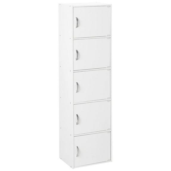 Hodedah HID5 High Quality 5 Shelf Home, Office, and School Enclosed Organization Storage 59 Inch Tall Slim Bookcase Cabinets, White Finish