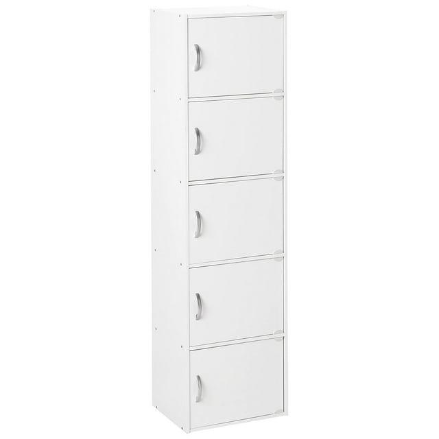 Hodedah HID5 High Quality 5 Shelf Home, Office, and School Enclosed Organization Storage 59 Inch Tall Slim Bookcase Cabinets, White Finish
