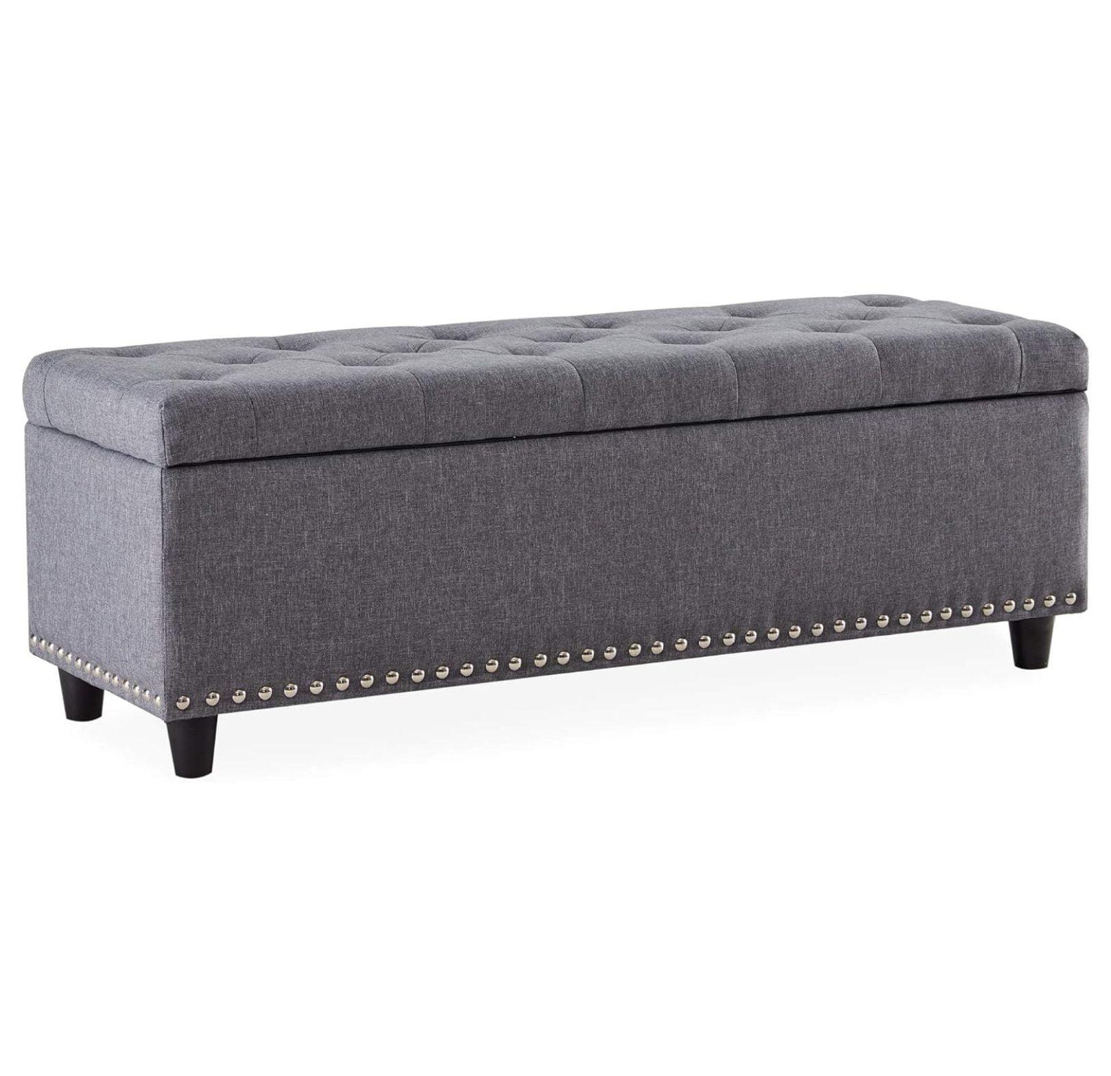 Gray Linen Tufted Storage Ottoman Bench with Nailhead Trim