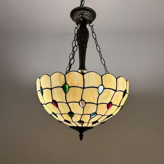 Fleur De Lis Living Spinks Tiffany Pendant Lights Gold Stained Glass Crystal Beans LED Bulbs Included 16"W*16"D*60"H