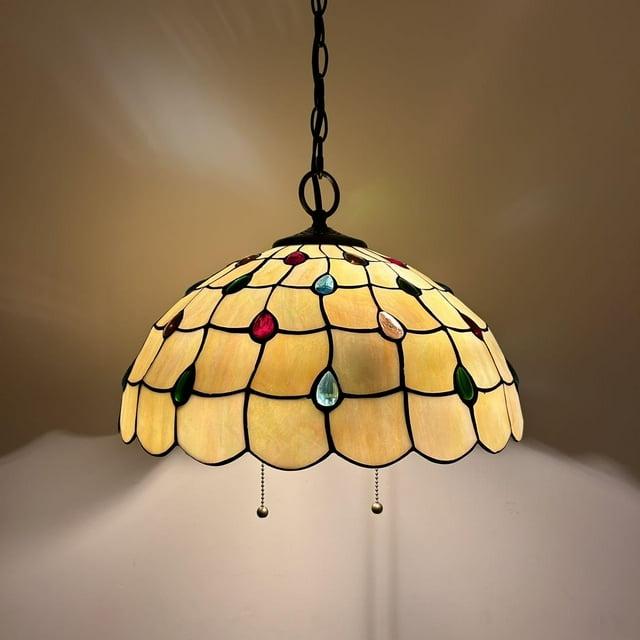 Astoria Grand Paladora Tiffany Pendant Lights Gold Stained Glass Crystal Beans LED Bulbs Included 16" W*16" D*75" H