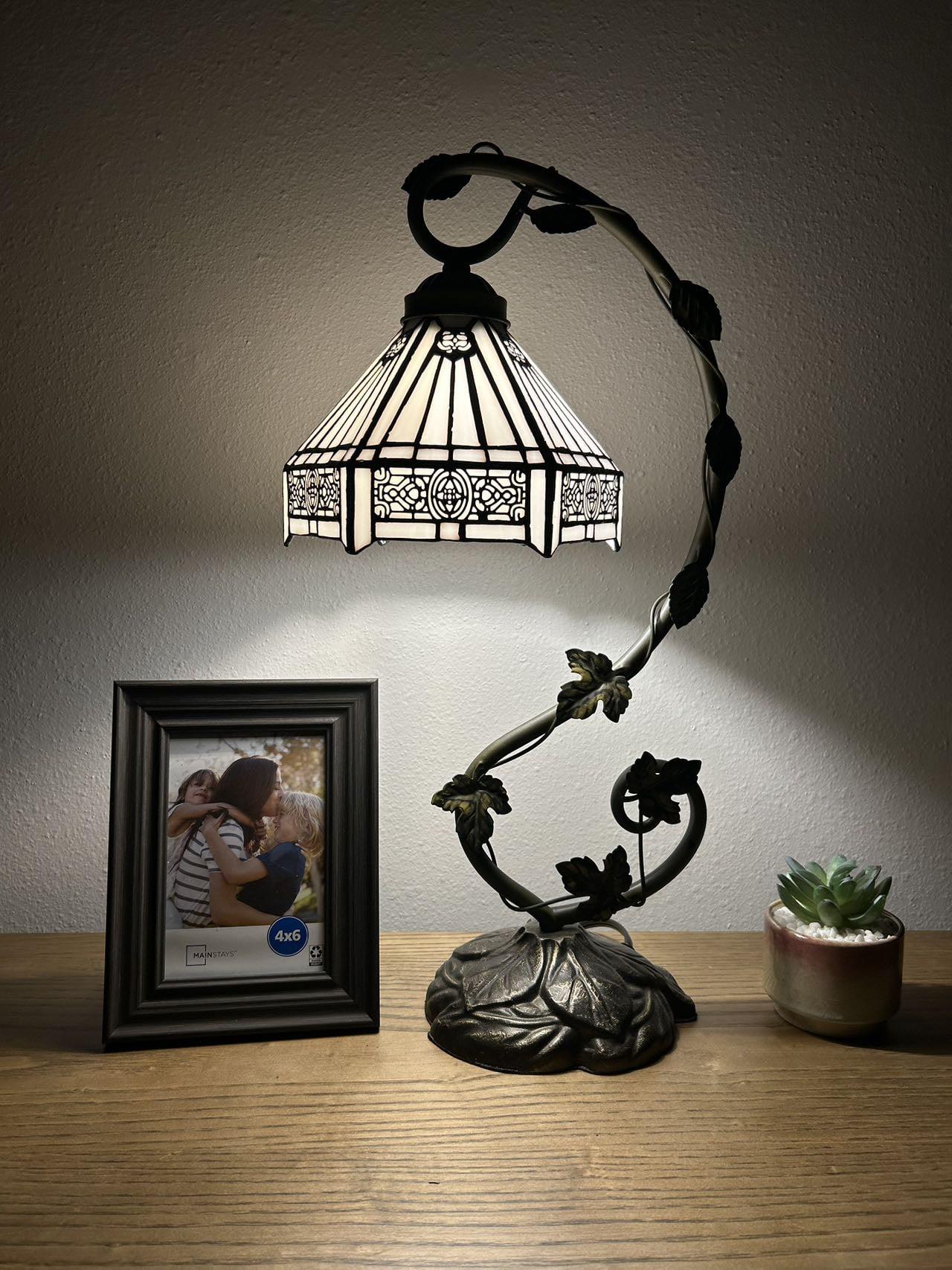 Bloomsbury Market Lemberg Tiffany Style Table Lamp White Stained Glass Hexagon Iron Metal Leaves 11"W*8"D* 21" H