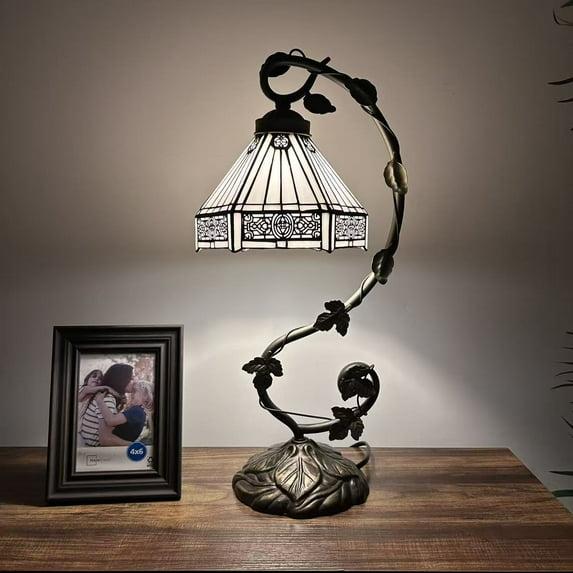 Bloomsbury Market Lemberg Tiffany Style Table Lamp White Stained Glass Hexagon Iron Metal Leaves 11"W*8"D* 21" H