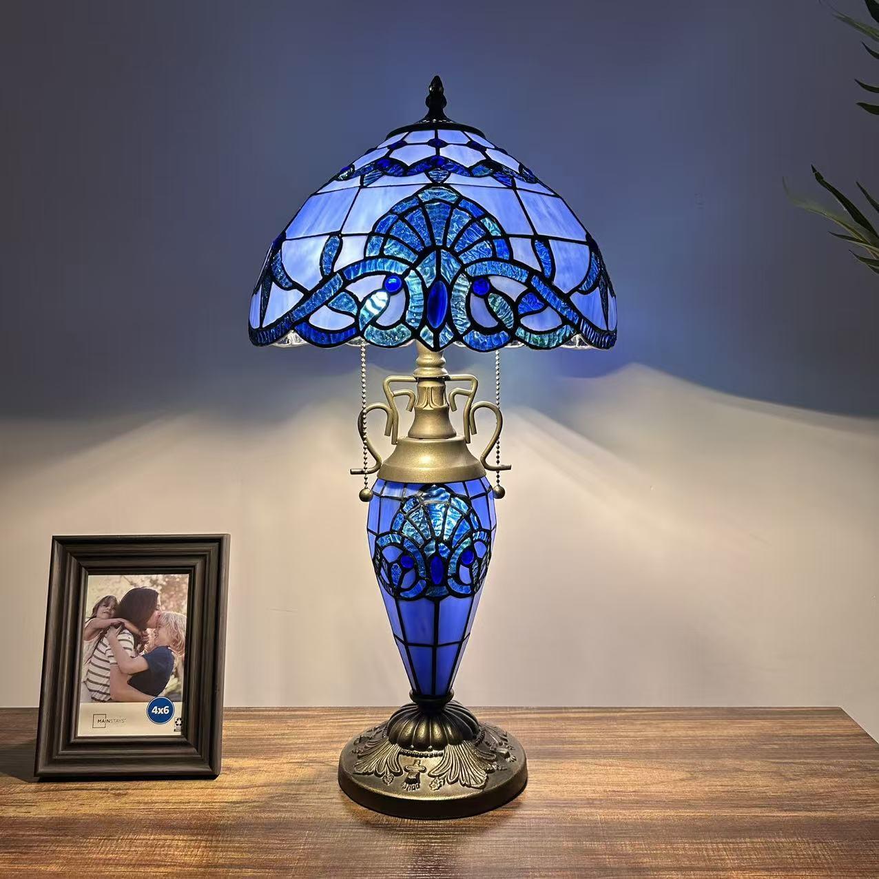 Tiffany Table Lamp Blue Stained Glass Baroque Style Lavender LED Bulbs Included for Living Room Dining Room Bedroom 12"W*12"D*22"H