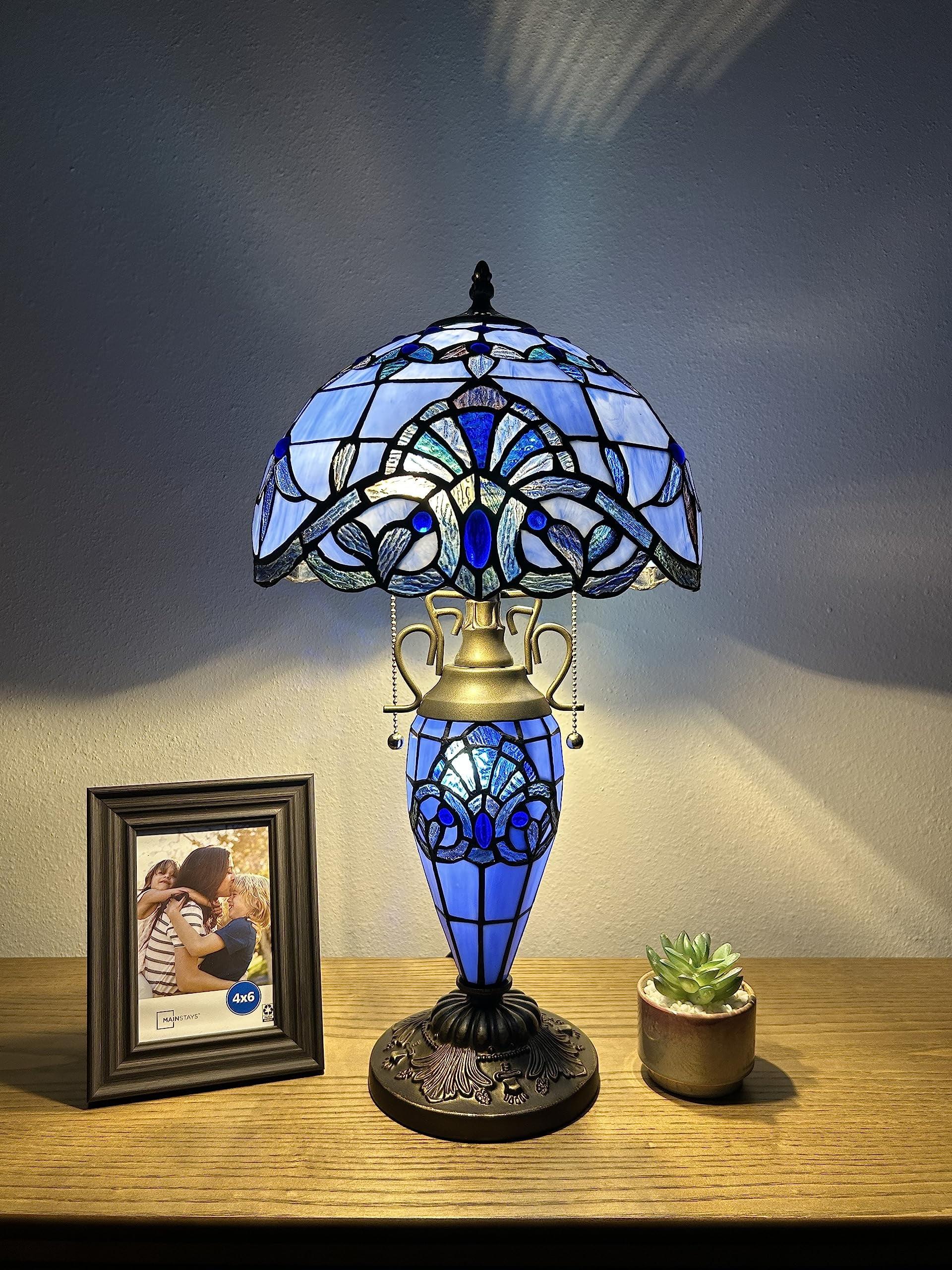 Tiffany Table Lamp Blue Stained Glass Baroque Style Lavender LED Bulbs Included for Living Room Dining Room Bedroom 12"W*12"D*22"H
