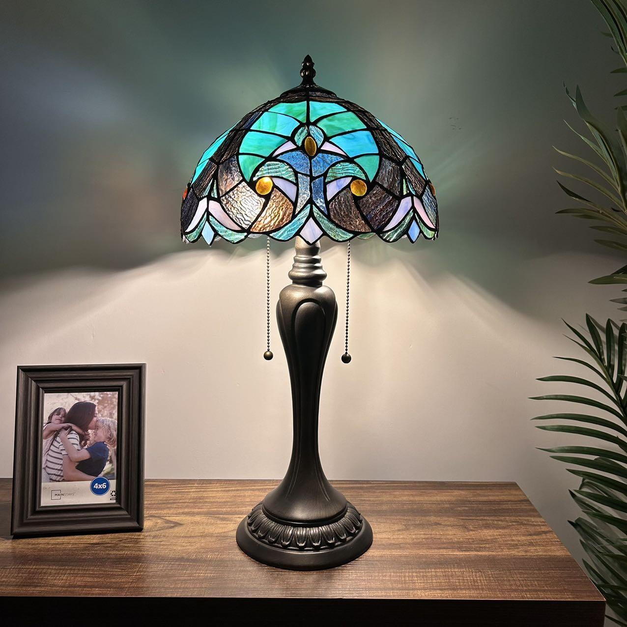 Tiffany Table Lamp Green Brown Stained Glass LED Bulbs Included Pull Chain Switches for Living Room Bedroom Bedside 12"W*12"D*22"H