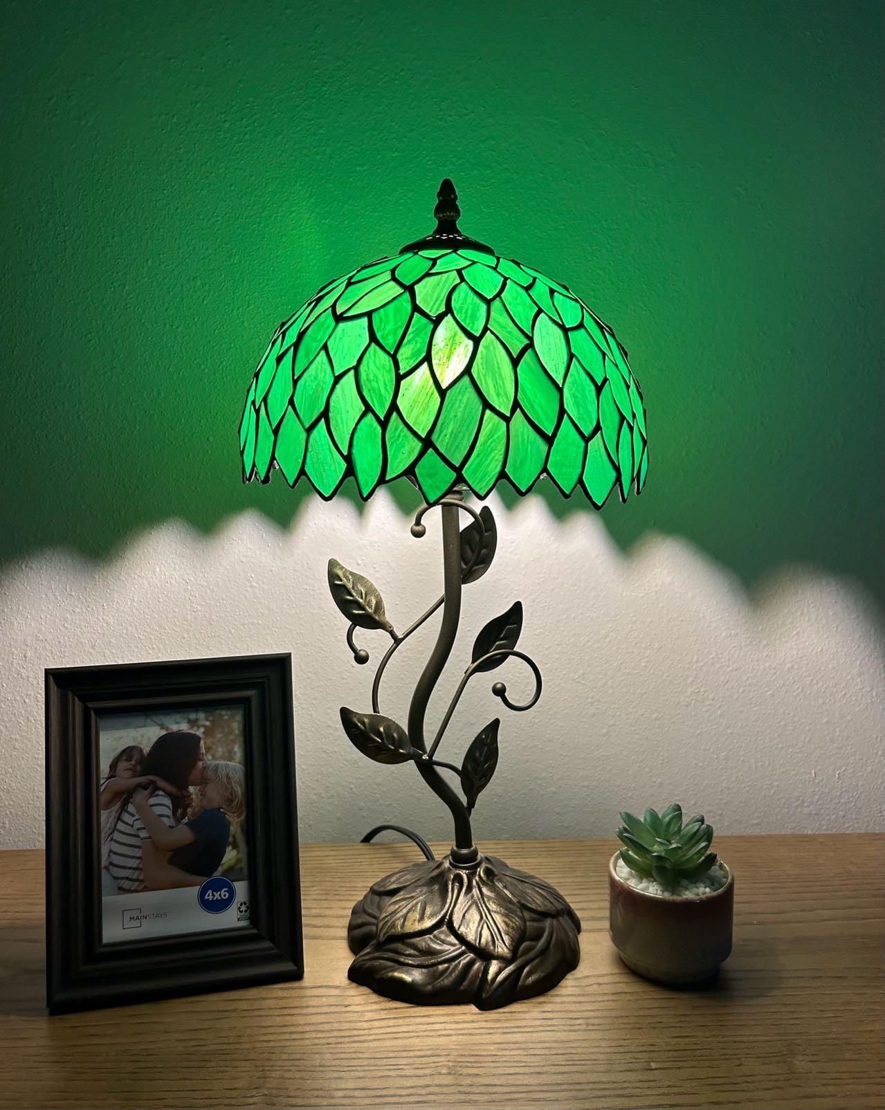 Bloomsbury Market Dejean Tiffany Table Lamp Green Leaves Stained Glass Included LED Bulb 20"H*10"W*10"D