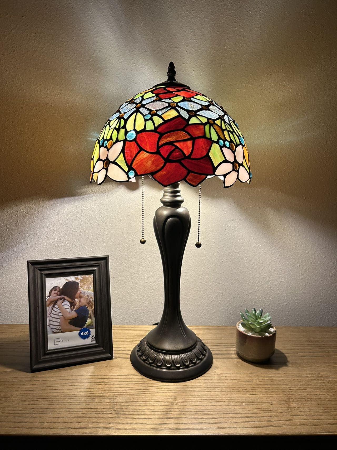 Tiffany Table Lamp Red Orange Blue Stained Glass Rose Flowers LED Bulbs Included Pull Chain Switches for Living Room Dining Room Bedroom Bedside 12"W*12"D*22"H