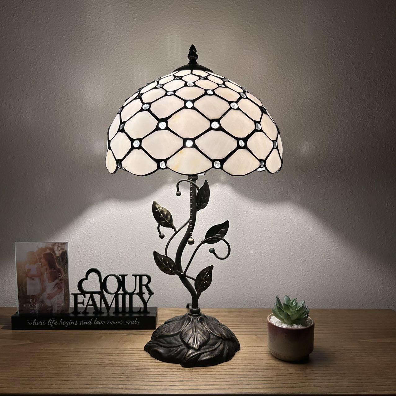 Tiffany Table Lamp White Stained Glass Crystal Beans Iron Metal Leaves Bronze Base Included LED Bulb for Living Room Dining Room Bedroom Bedside 12"W*12"D*22"H