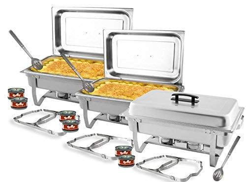 TigerChef Chafing Dish Buffet Set - Chaffing Dishes Stainless Steel - 3 Sets of Chafers and Buffet Warmer Sets: 6 Chafing Gels, 3 Slotted Spoons and Foldable Frame - Food Warmers for Parties Buffets