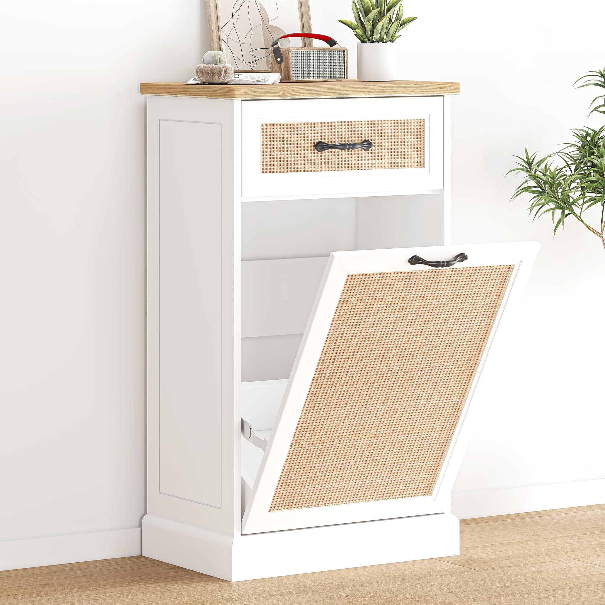 White Engineered Wood Pull-Out Kitchen Trash Cabinet with Rattan Front