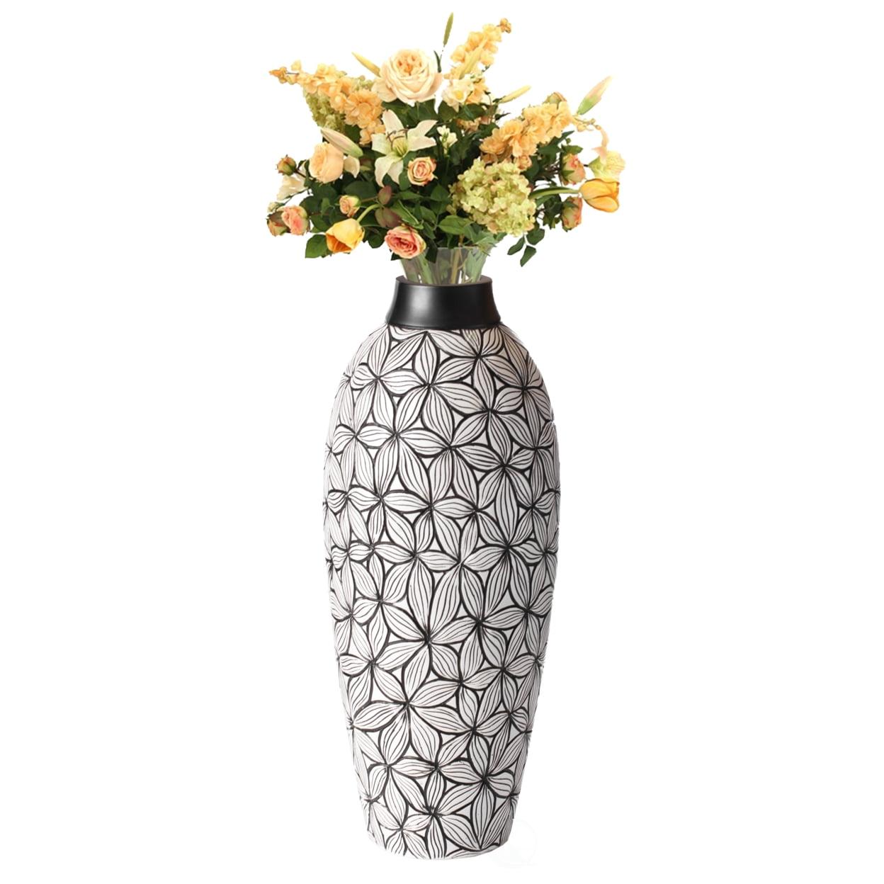 "Timeless Flower-Inspired Ceramic Vase - Unique White 7-Inch-Dia Round Table Decor for Entryway, Dining Room, Living Room - Classic White Pottery - Elegant Home Accent with Chic Floral Touch"