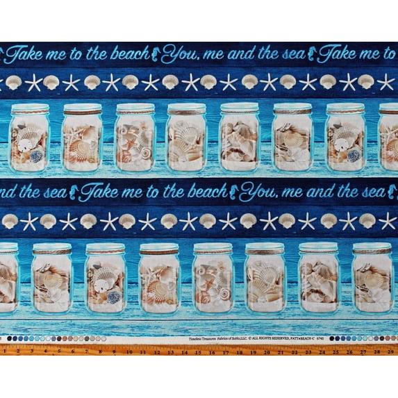 Cotton Seashells in Jars Beach Summer Vacation Travel Take Me To The Beach Blue Cotton Fabric Print by the Yard (BEACH-C6745-BLUE)