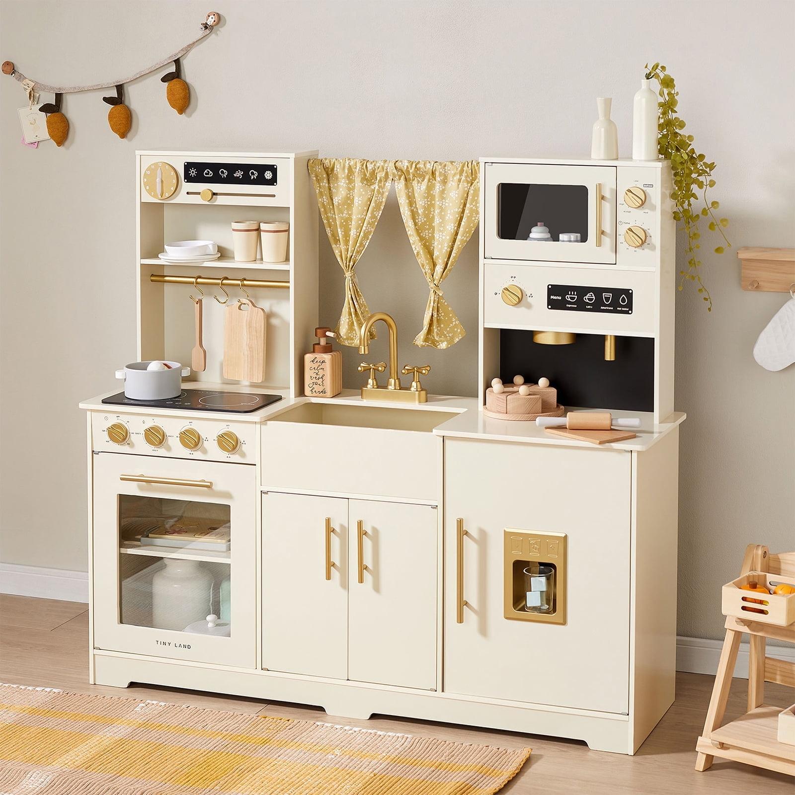 Cream Wooden Play Kitchen Set with Gold Accents