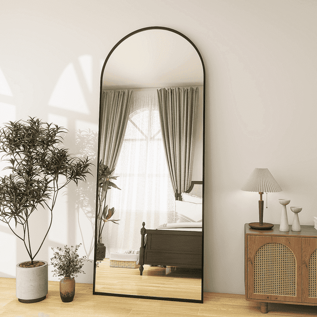GLSLAND Full Length Mirror Arch Standing Floor Mirror, 64"x21" Arched Wall Mirror, Black