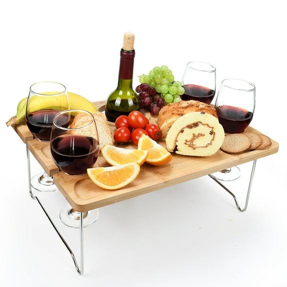 Tirrinia Bamboo Wine Picnic Table, Ideal Wine Lover Gift, Large Folding Portable Outdoor Snack & Cheese Tray for Concerts at Park, Beach