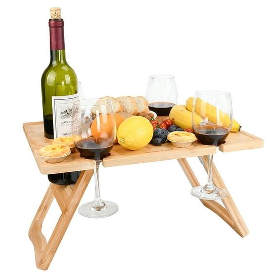 Tirrinia Bamboo Wine Picnic Table, Ideal Wine Lover Gift, Large Folding Portable Outdoor Snack & Cheese Tray for Concerts at Park, Beach