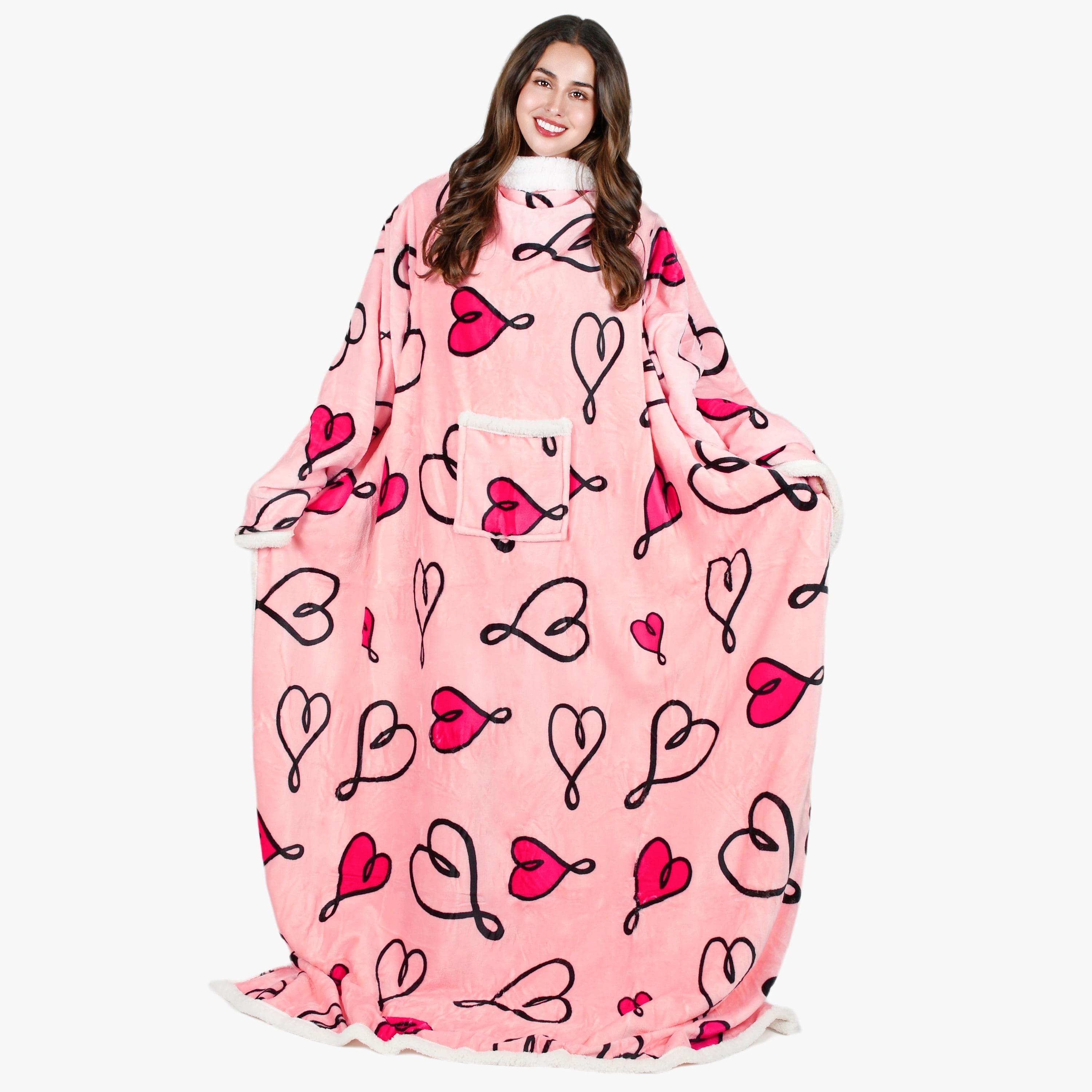 Pink Love Art Sherpa Fleece Wearable Blanket with Sleeves