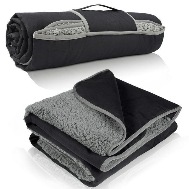 Tirrinia Extra Large Size Waterproof Outdoor Blanket with Fleece Lining, Windproof Triple Layers Warm Comfy Foldable for Camping, 66''X 90'', Black
