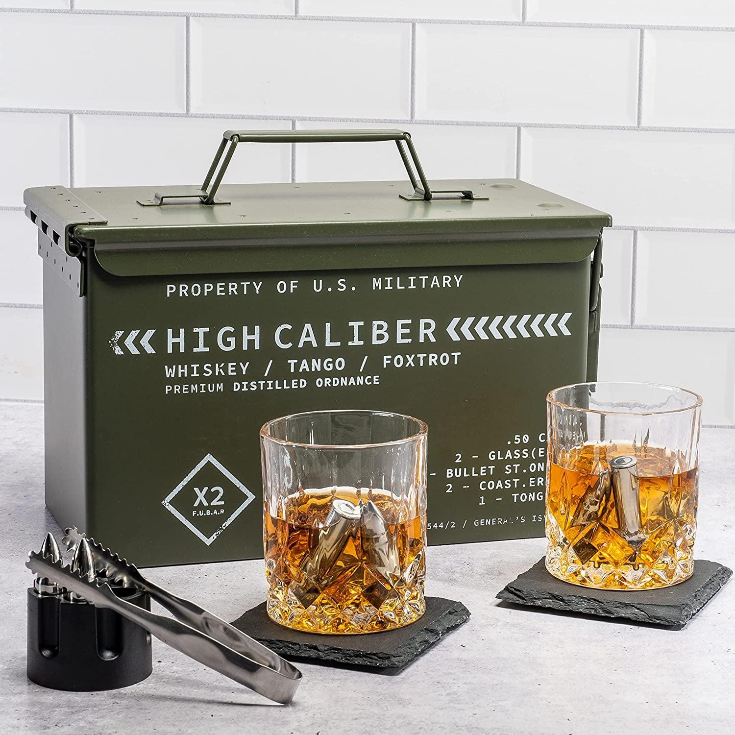 High Caliber Tactical Whiskey Glass Set with Slate Coasters