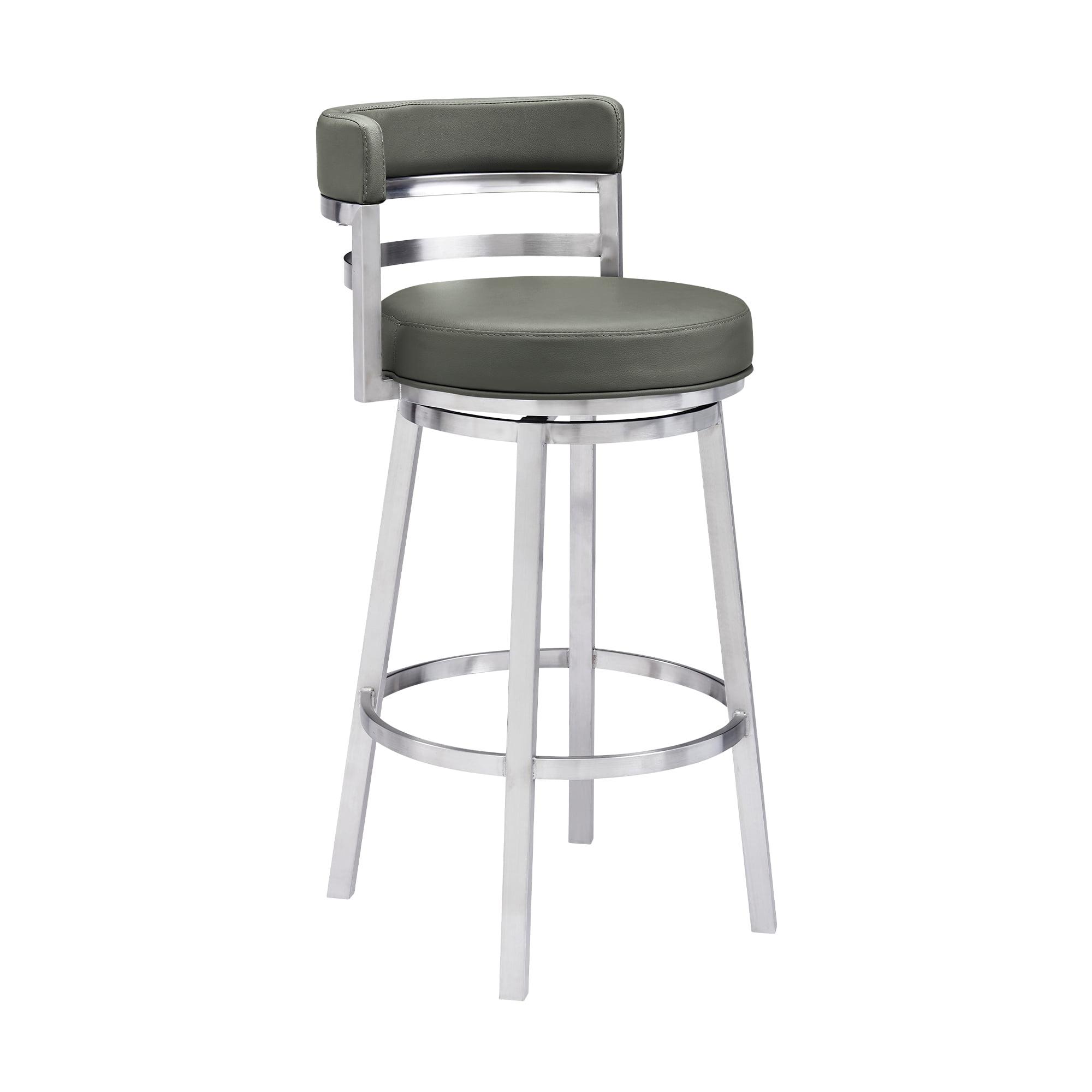 Sleek Swivel 30" Bar Height Grey Faux Leather & Brushed Stainless Steel Stool